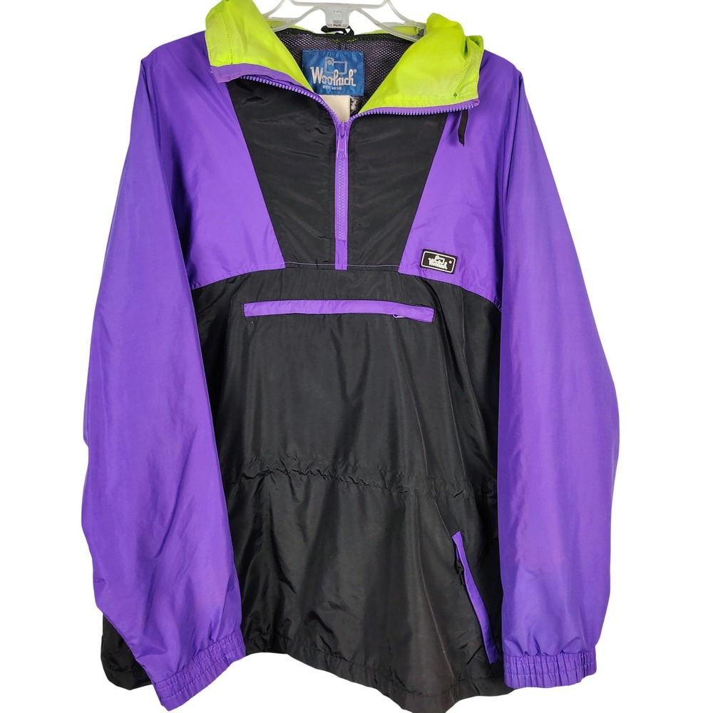 Woolrich Mens XL Anorak Windbreaker Purple Black Colorblock Gorpcore Y2K Retro